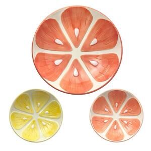 Pier 1 Citrus Earthenware Pink/Yellow Serving Bowl 12” & 2 Individual Bowls 7.5”